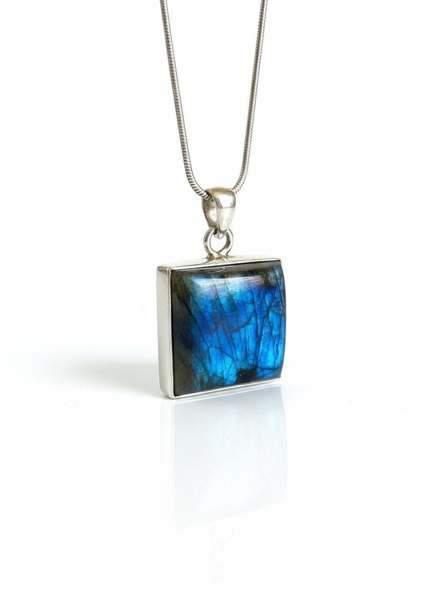Blue Labradorite Sterling Silver Pendant, Square Cabochon