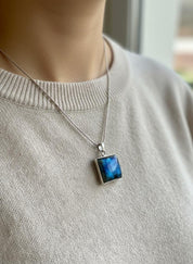 Blue Labradorite Sterling Silver Pendant, Square Cabochon