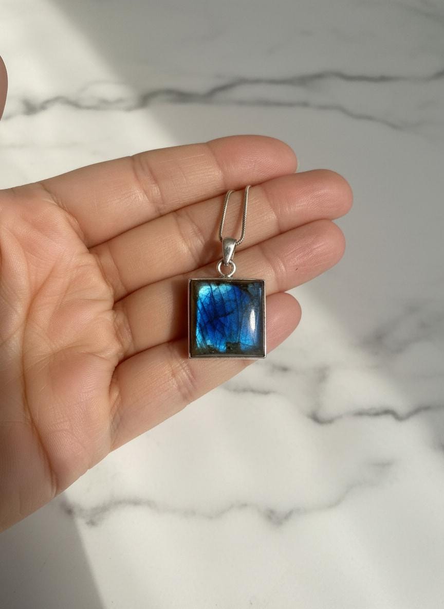 Blue Labradorite Sterling Silver Pendant, Square Cabochon