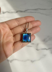 Blue Labradorite Sterling Silver Pendant, Square Cabochon