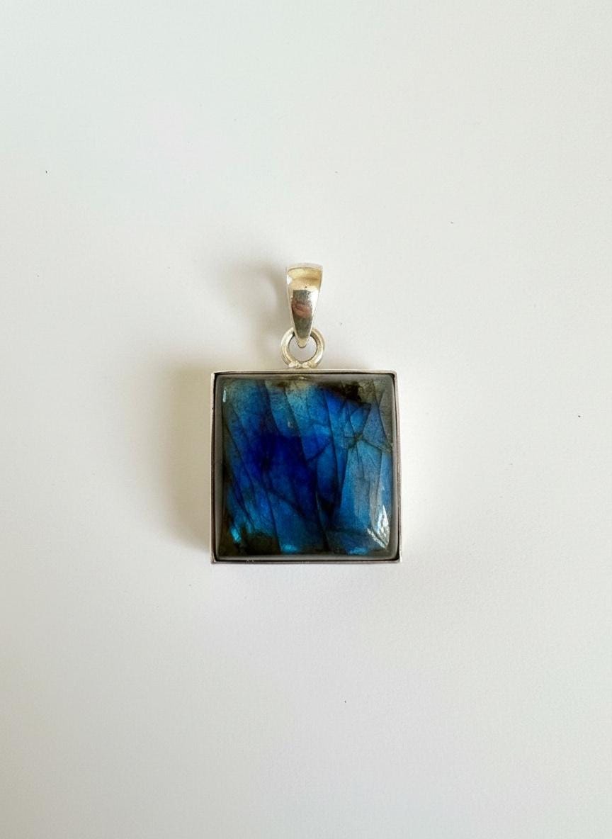 Blue Labradorite Sterling Silver Pendant, Square Cabochon
