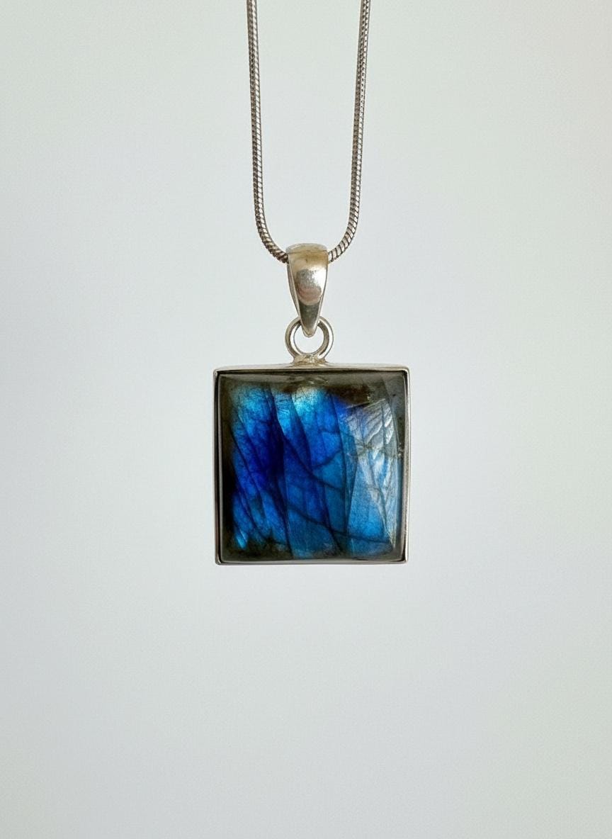 Blue Labradorite Sterling Silver Pendant, Square Cabochon