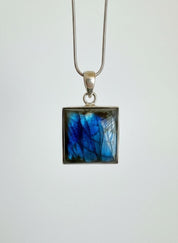 Blue Labradorite Sterling Silver Pendant, Square Cabochon