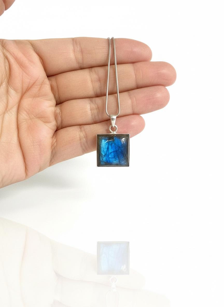 Blue Labradorite Sterling Silver Pendant, Square Cabochon