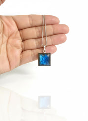 Blue Labradorite Sterling Silver Pendant, Square Cabochon