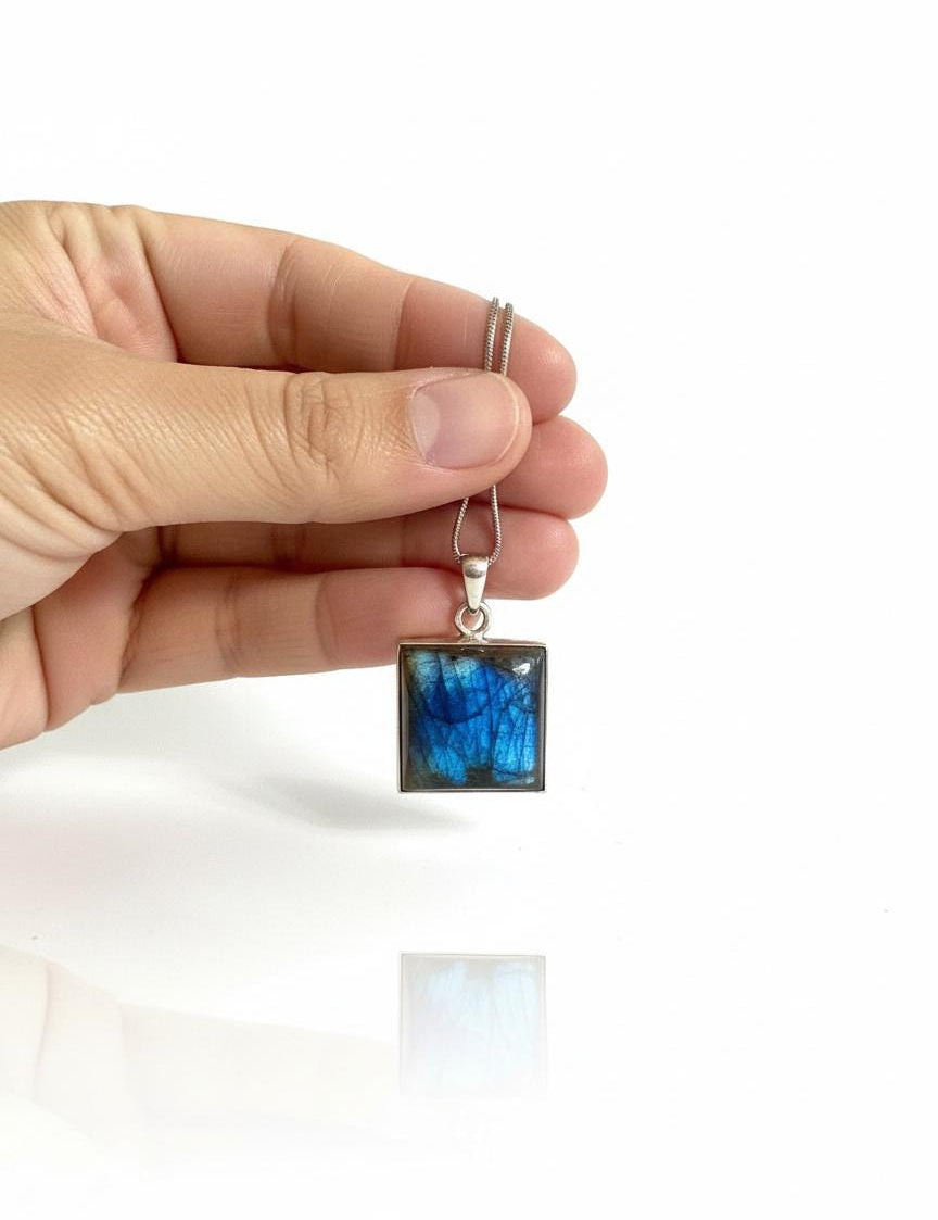 Blue Labradorite Sterling Silver Pendant, Square Cabochon