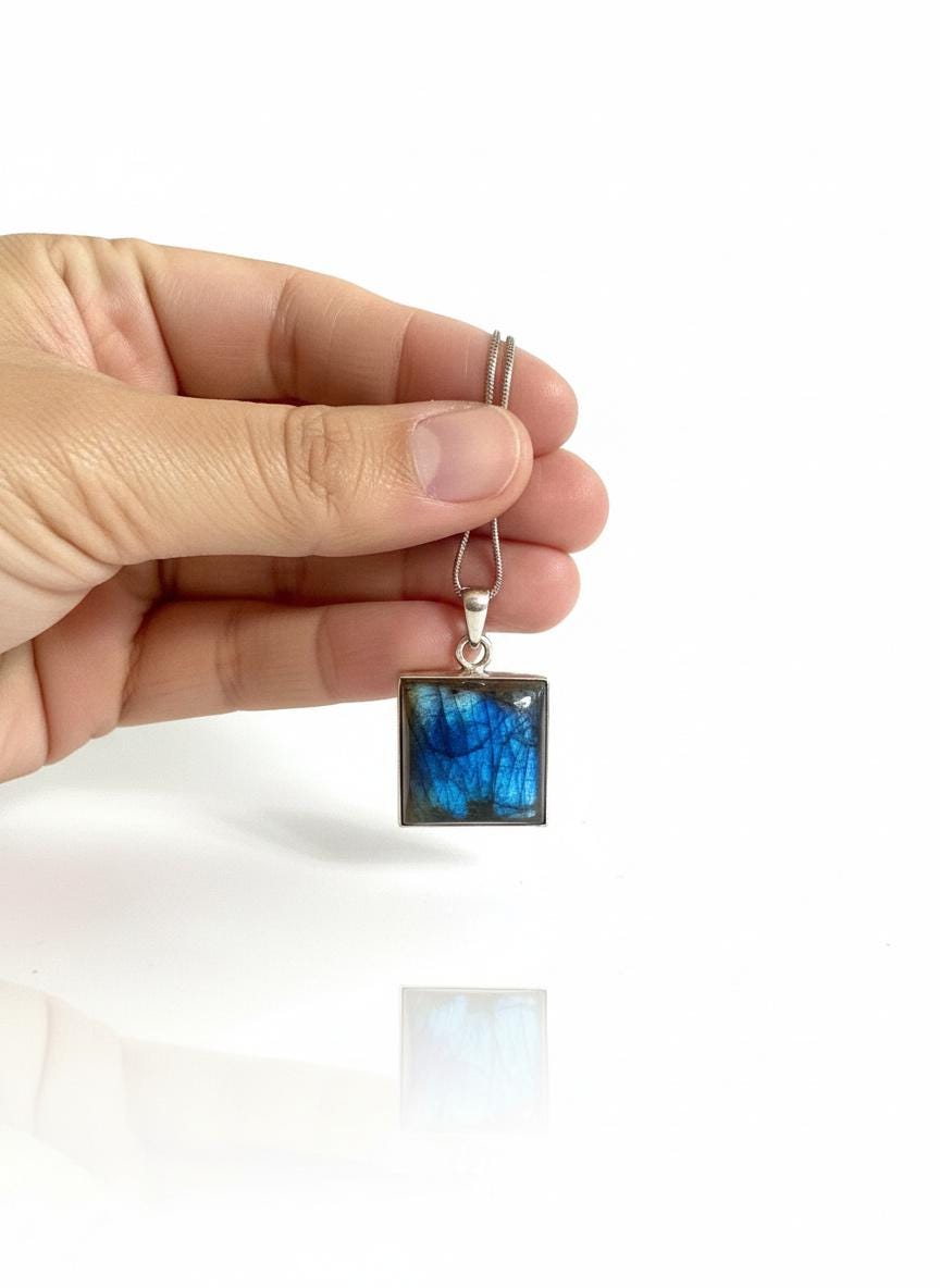 Blue Labradorite Sterling Silver Pendant, Square Cabochon