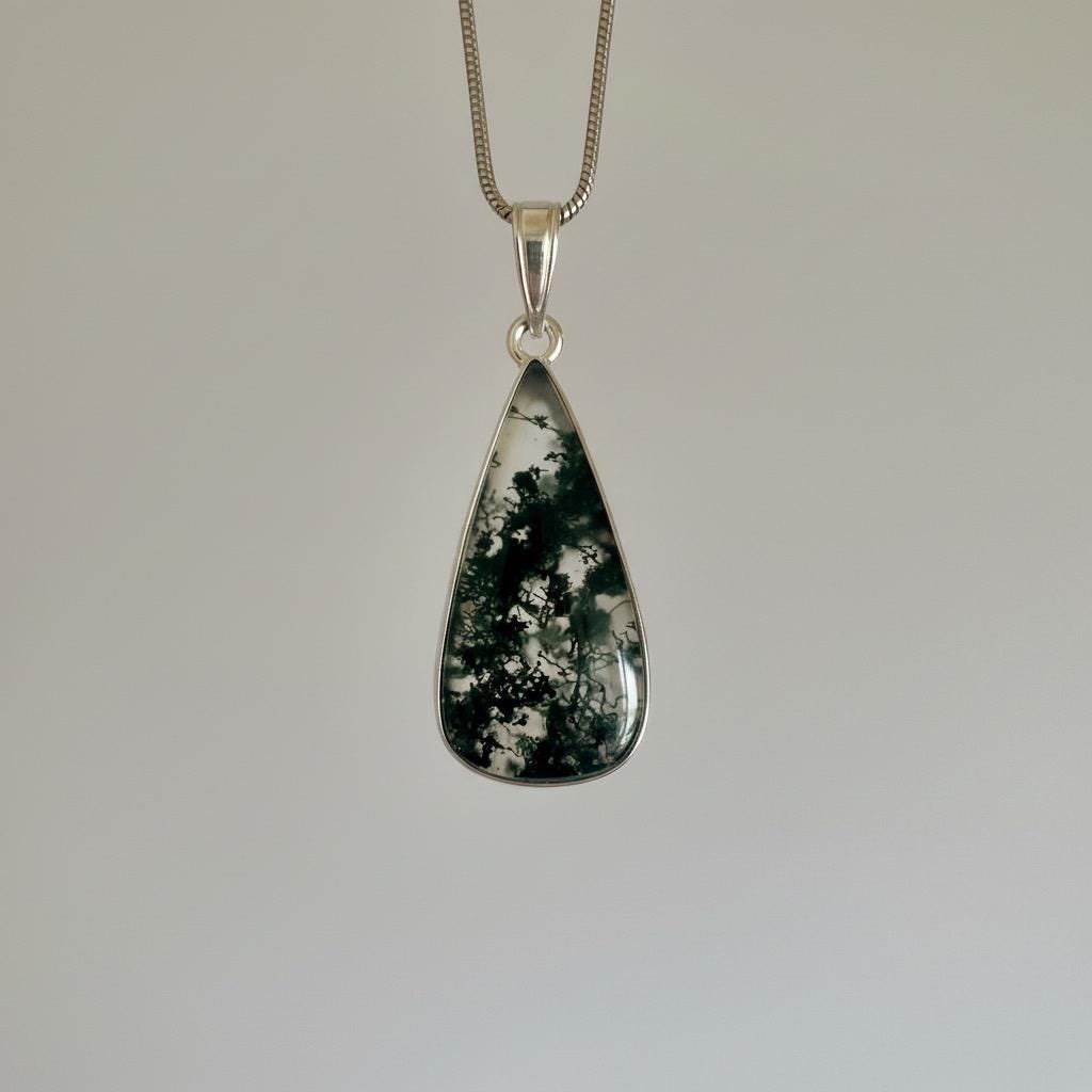Moss Agate Teardrop Pendant 925 Sterling Silver Handmade UK