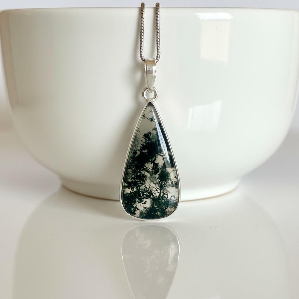 Moss Agate Teardrop Pendant 925 Sterling Silver Handmade UK