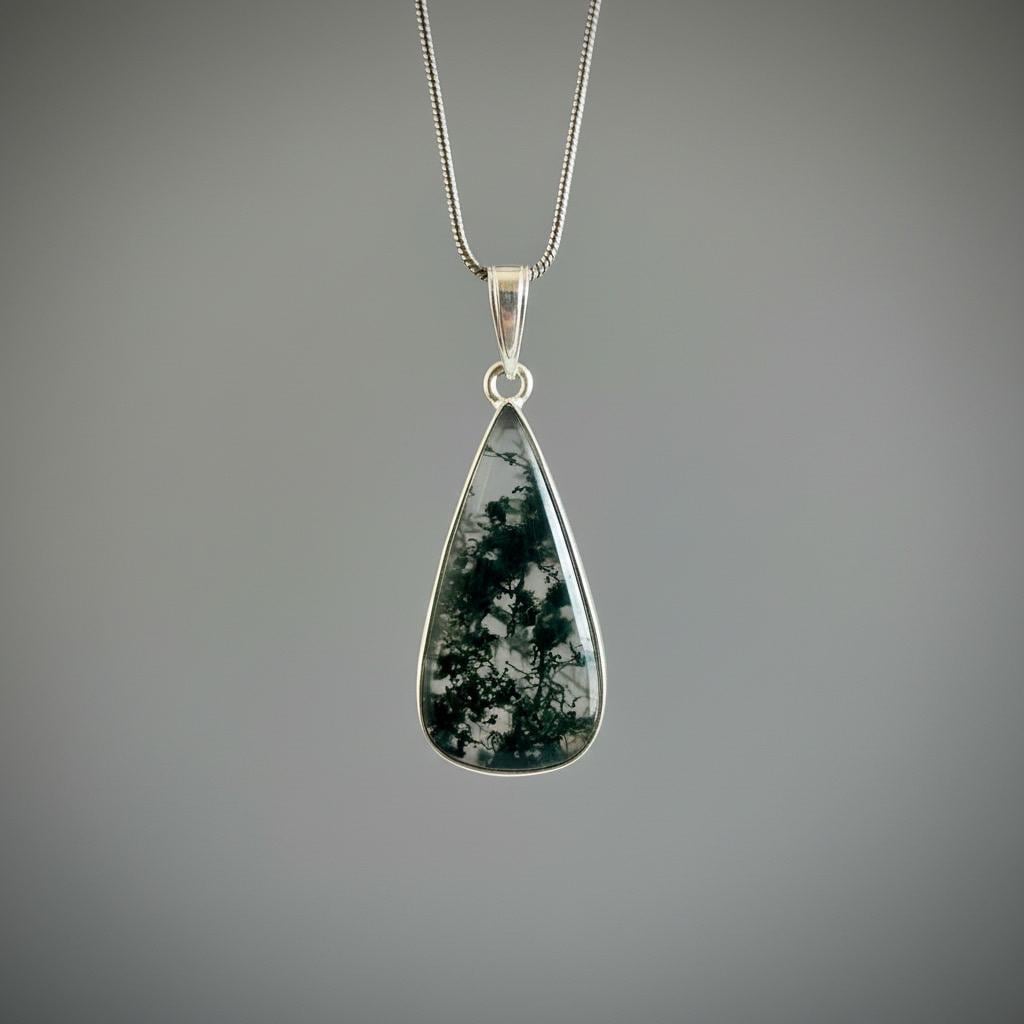 Moss Agate Teardrop Pendant 925 Sterling Silver Handmade UK