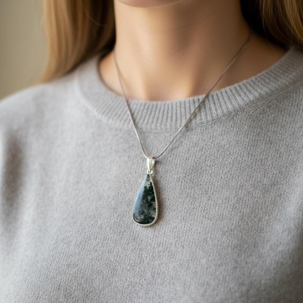 Moss Agate Teardrop Pendant 925 Sterling Silver Handmade UK