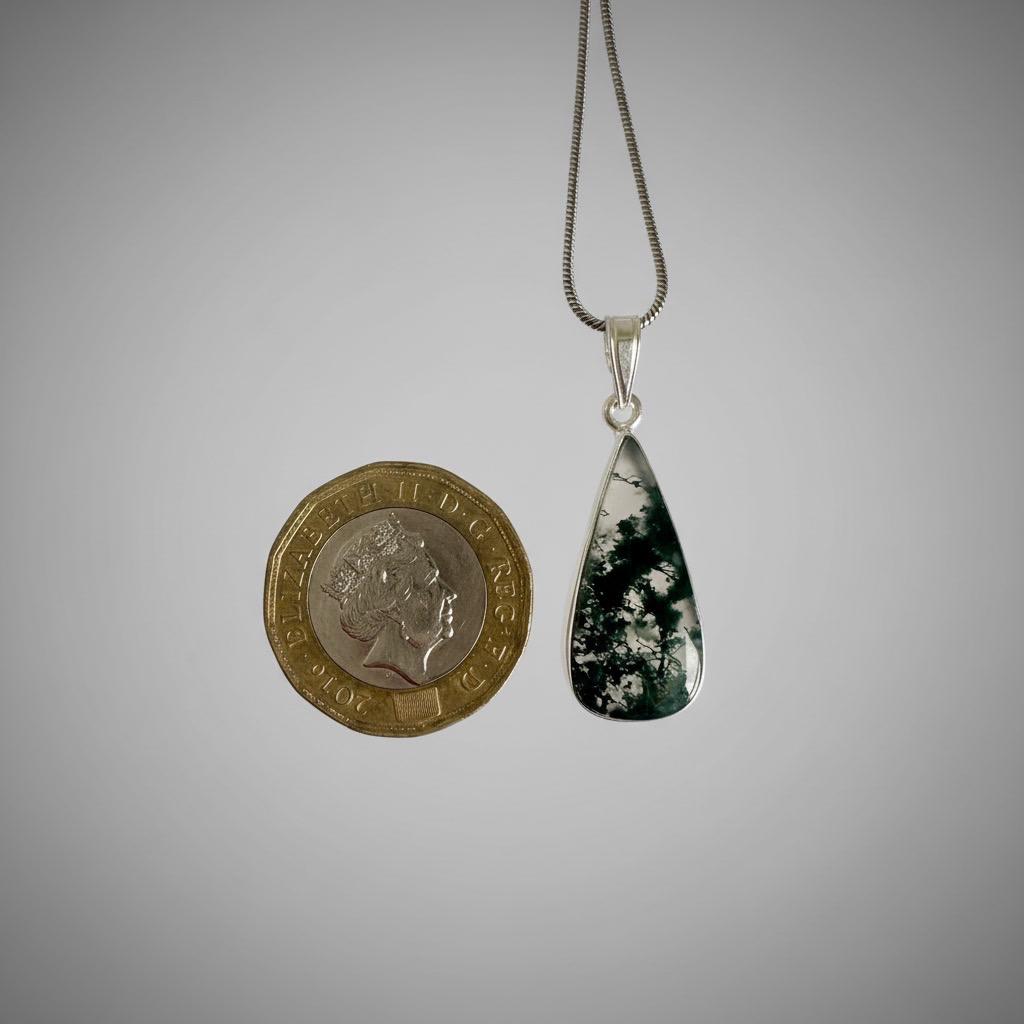 Moss Agate Teardrop Pendant 925 Sterling Silver Handmade UK