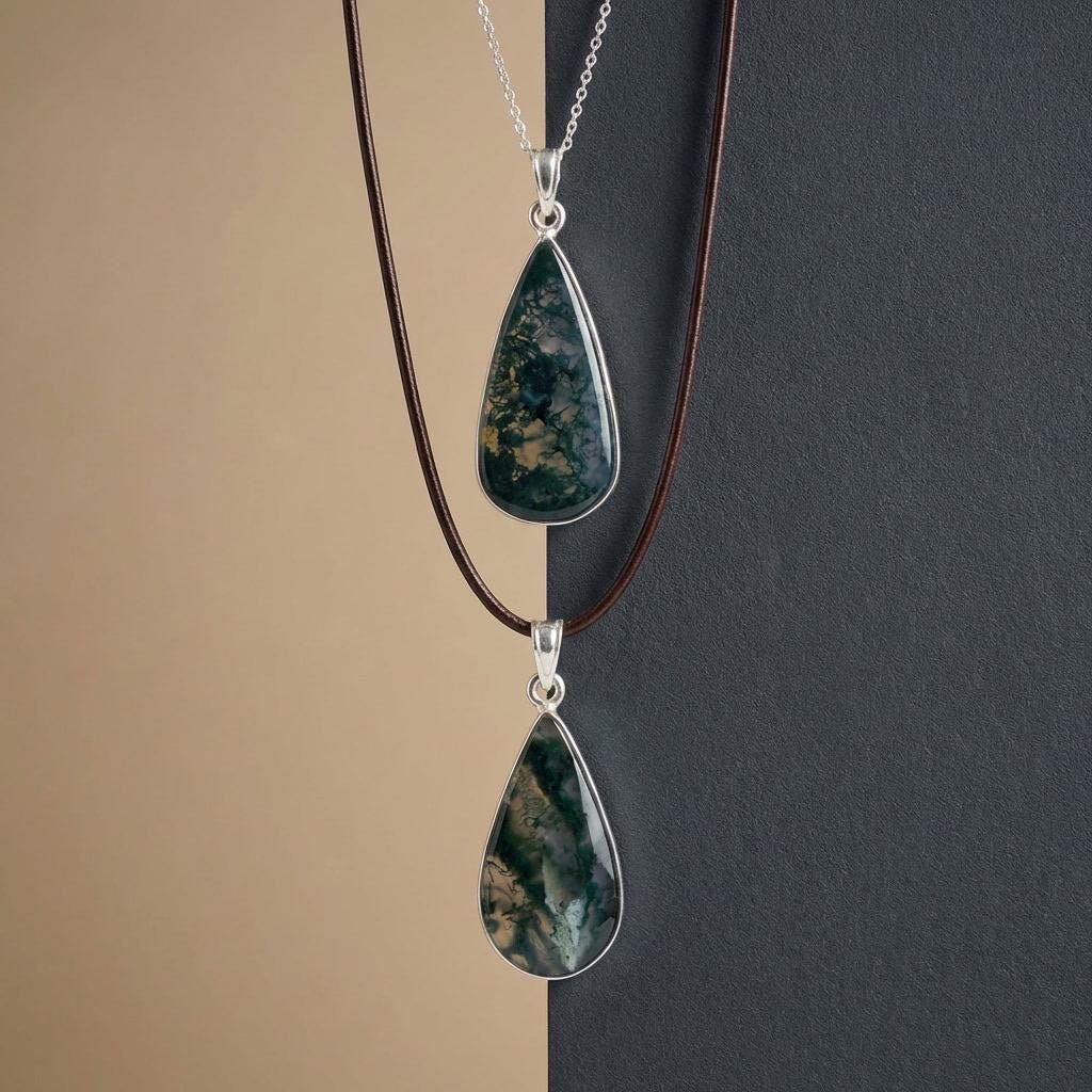 Moss Agate Teardrop Pendant 925 Sterling Silver Handmade UK