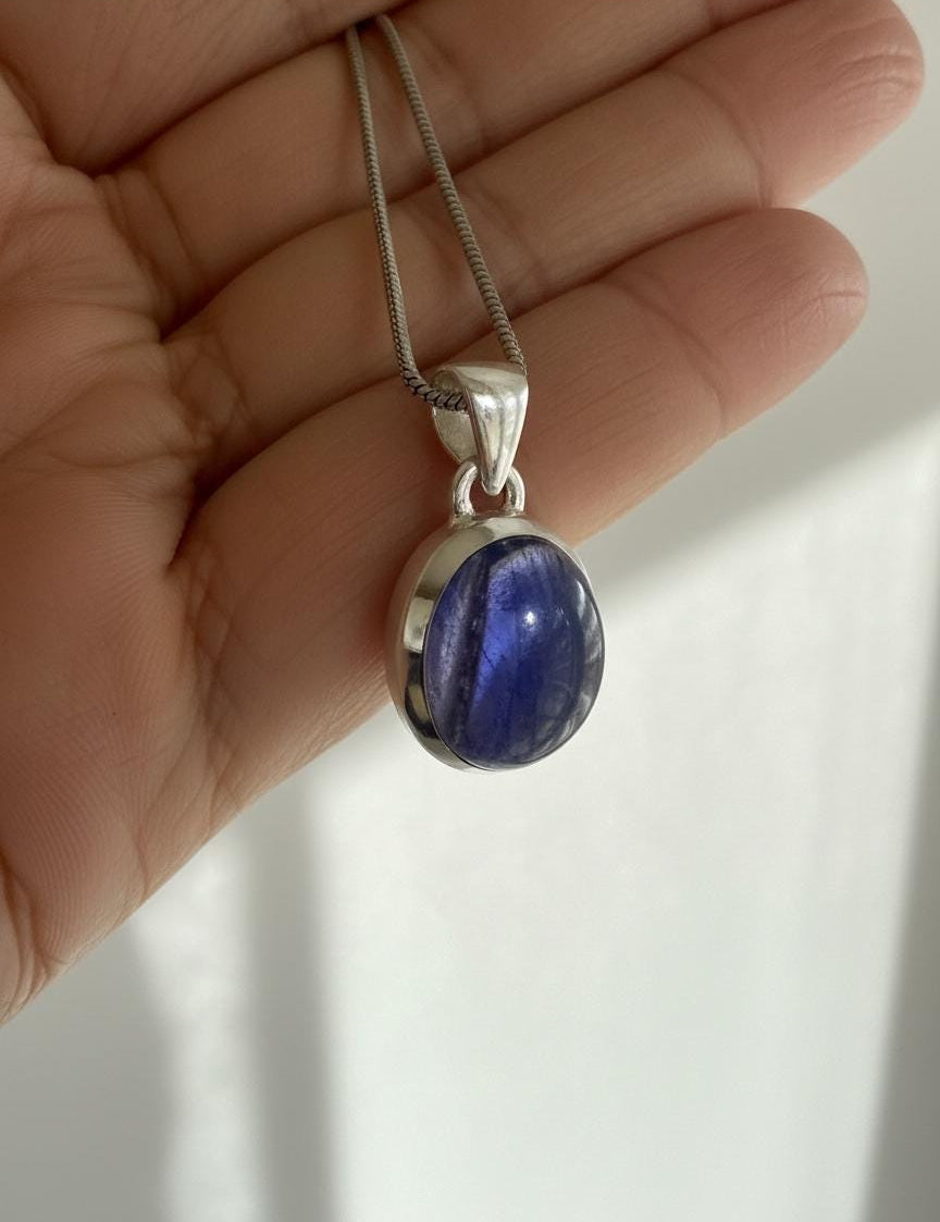 Iolite Sterling Silver Pendant Pleochroic Blue Oval 925