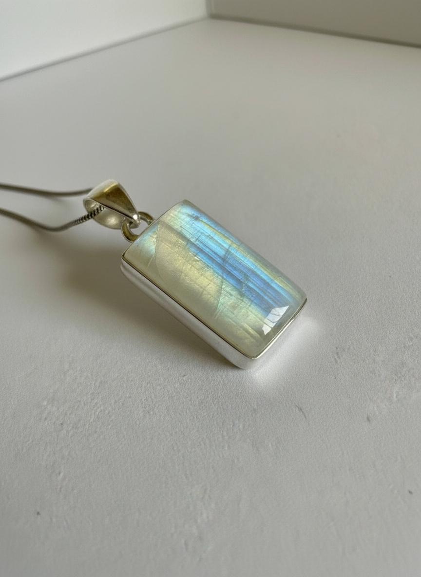 Faceted Blue Fire Moonstone Pendant: Sterling Silver, Handmade UK