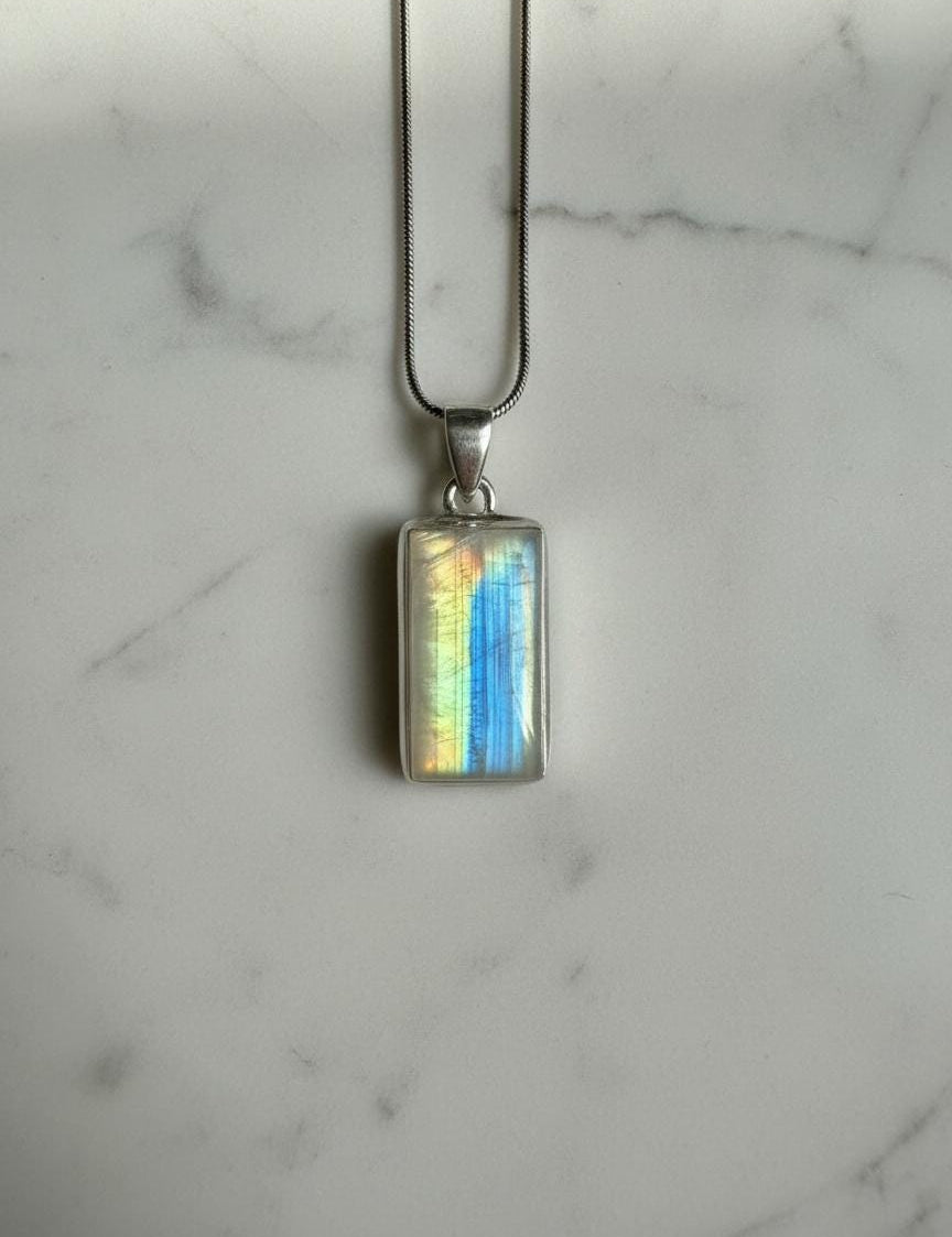 Faceted Blue Fire Moonstone Pendant: Sterling Silver, Handmade UK