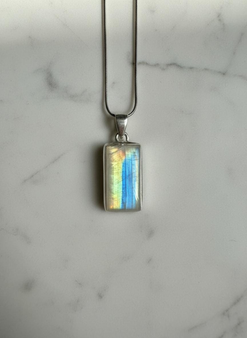 Faceted Blue Fire Moonstone Pendant: Sterling Silver, Handmade UK