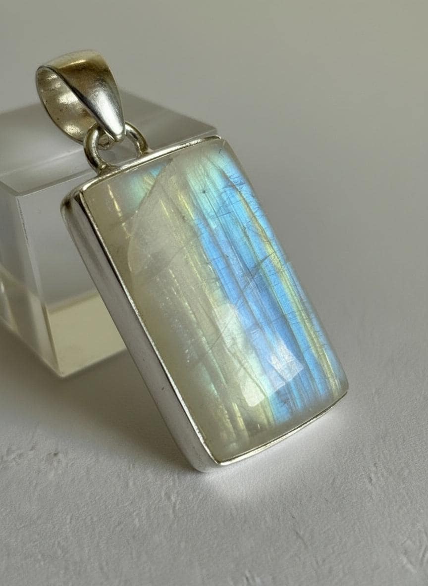Faceted Blue Fire Moonstone Pendant: Sterling Silver, Handmade UK