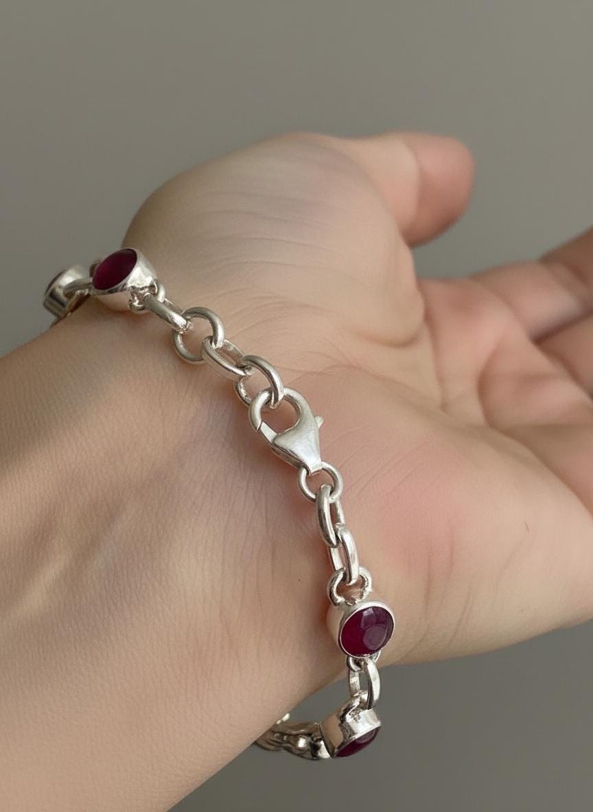 Ruby Sterling Silver Bracelet – 11 Gemstones, July Birthstone Gift