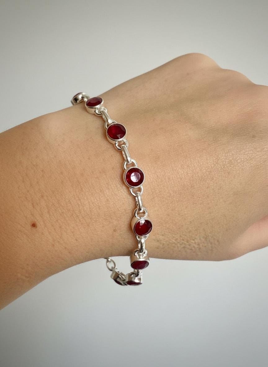 Ruby Sterling Silver Bracelet – 11 Gemstones, July Birthstone Gift