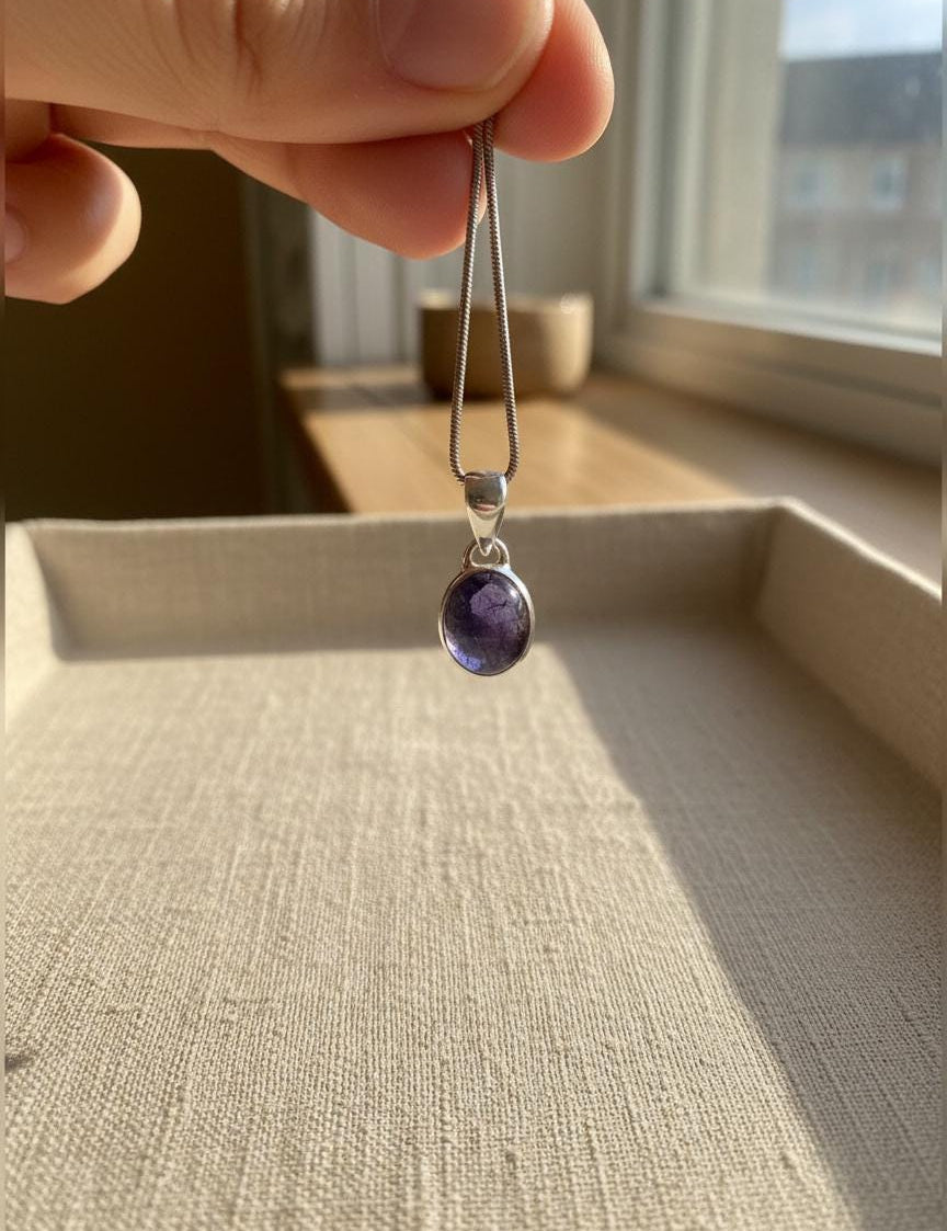Iolite Sterling Silver Pendant Pleochroic Blue Oval 925 Handmade UK