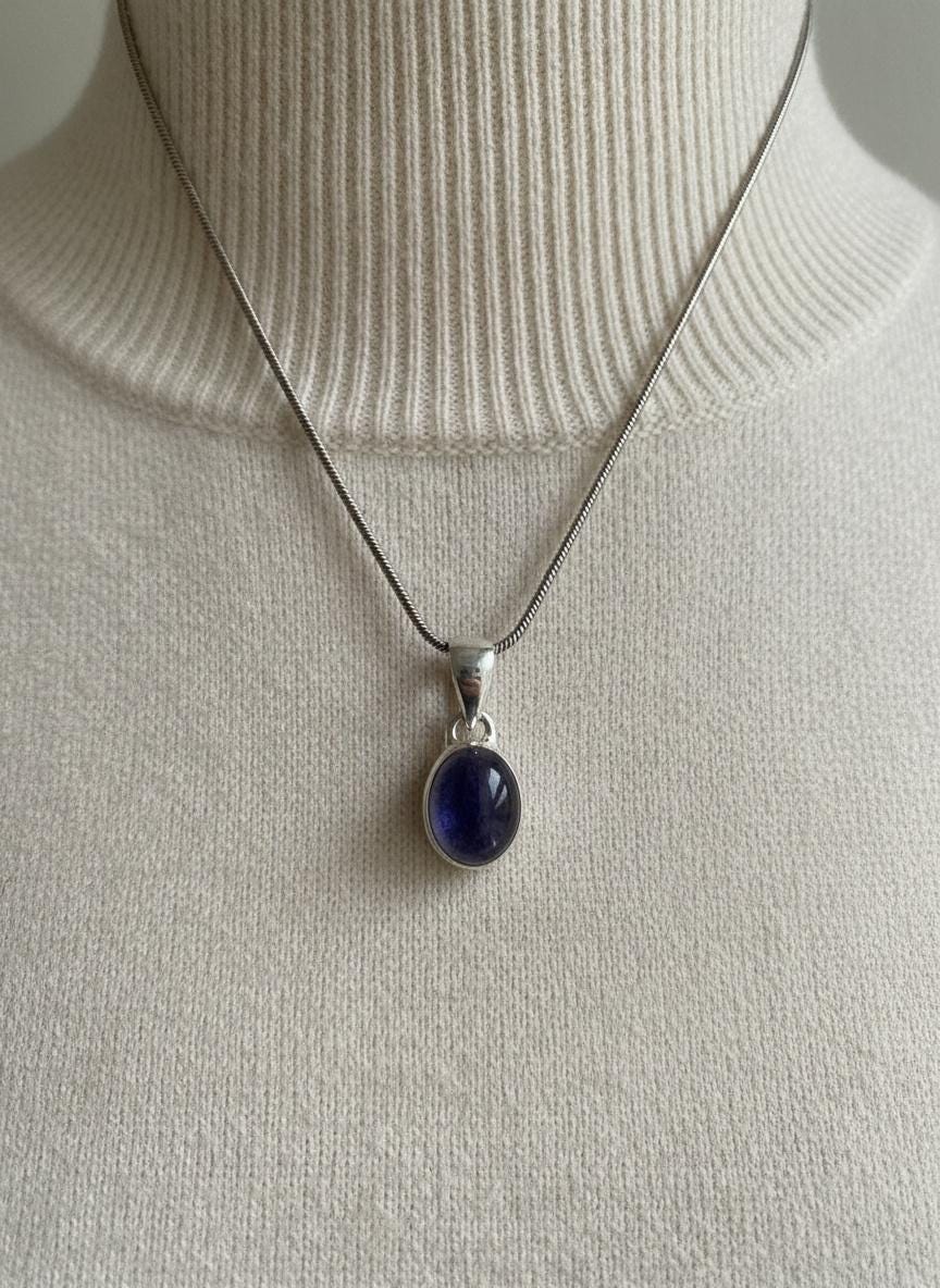 Iolite Sterling Silver Pendant Pleochroic Blue Oval 925 Handmade UK