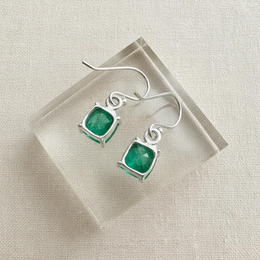 Emerald Green Quartz Earrings Sterling Silver Dangle Drop