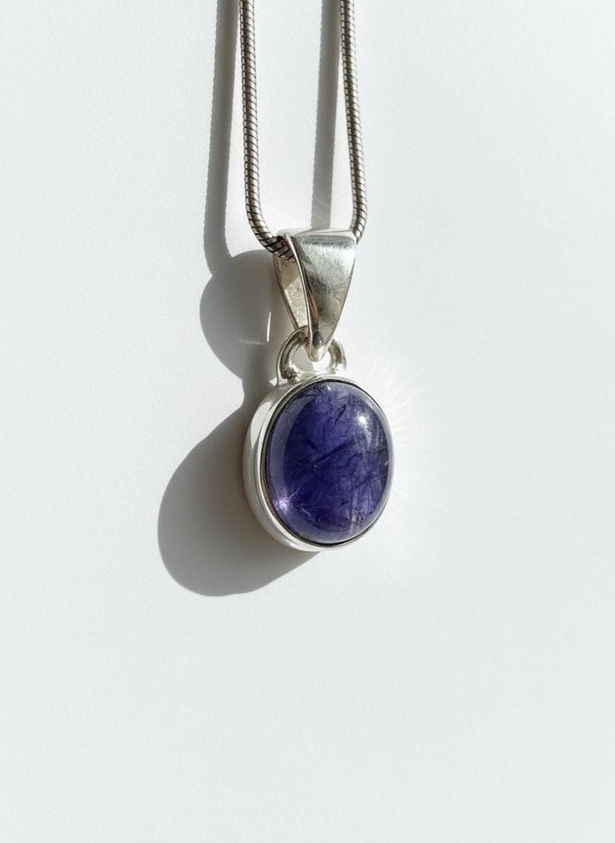 Iolite Sterling Silver Pendant Pleochroic Blue Oval 925 Handmade UK