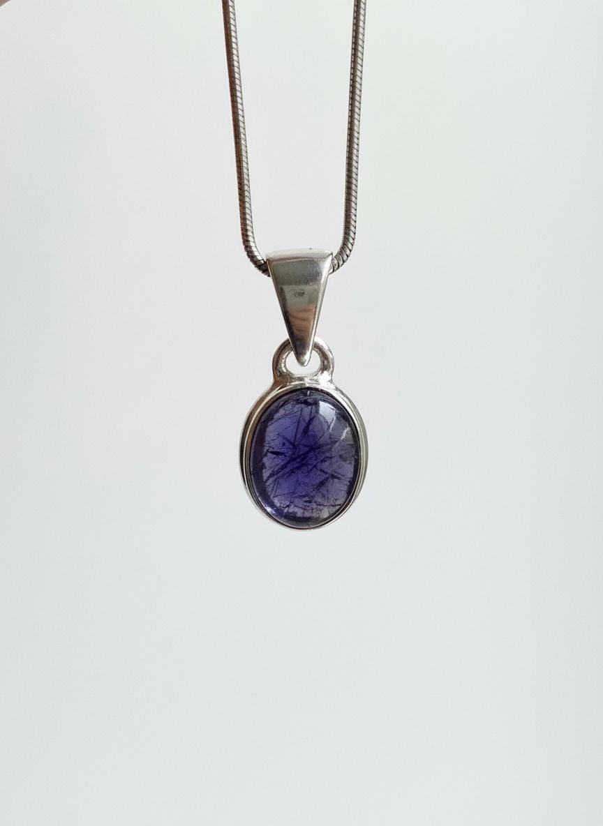 Iolite Sterling Silver Pendant Pleochroic Blue Oval 925 Handmade UK