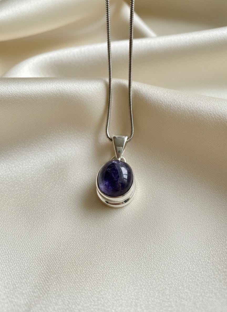 Iolite Sterling Silver Pendant Pleochroic Blue Oval 925 Handmade UK