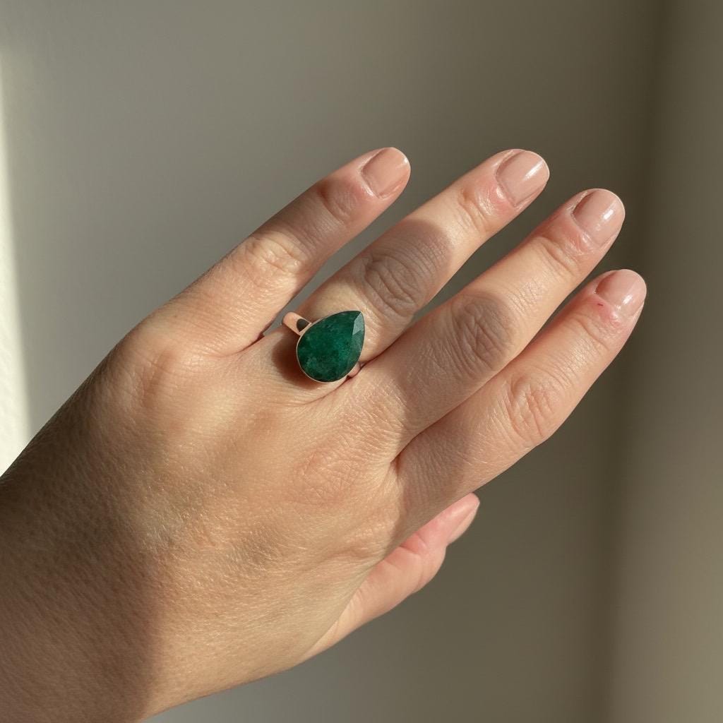 Raw Emerald Green Statement Ring, Large Faceted Teardrop Stone, Sterling Silver Bold Jewellery