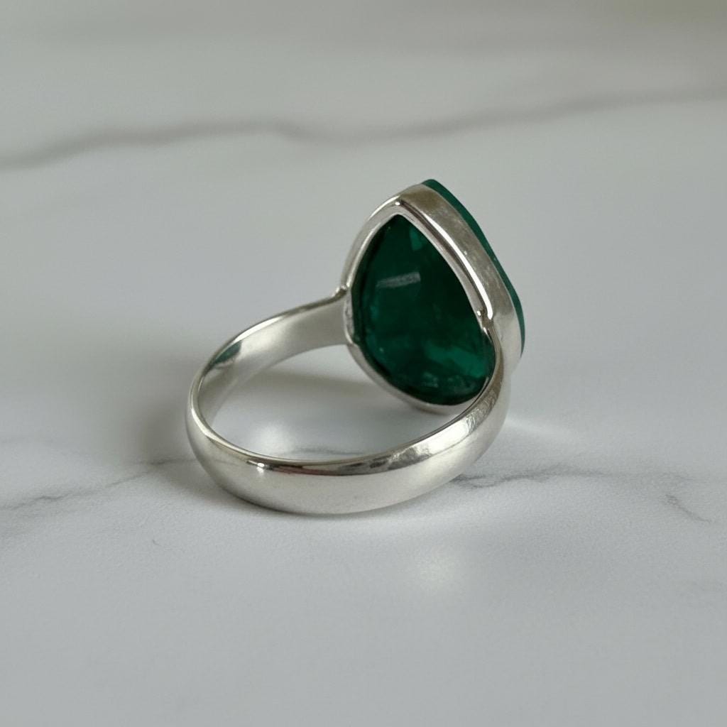 Raw Emerald Green Statement Ring, Large Faceted Teardrop Stone, Sterling Silver Bold Jewellery