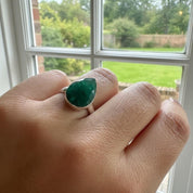 Raw Emerald Green Statement Ring, Large Faceted Teardrop Stone, Sterling Silver Bold Jewellery