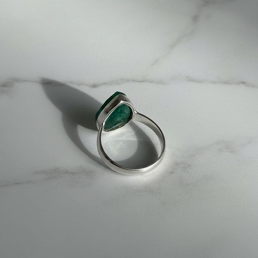 Raw Emerald Green Statement Ring, Large Faceted Teardrop Stone, Sterling Silver Bold Jewellery