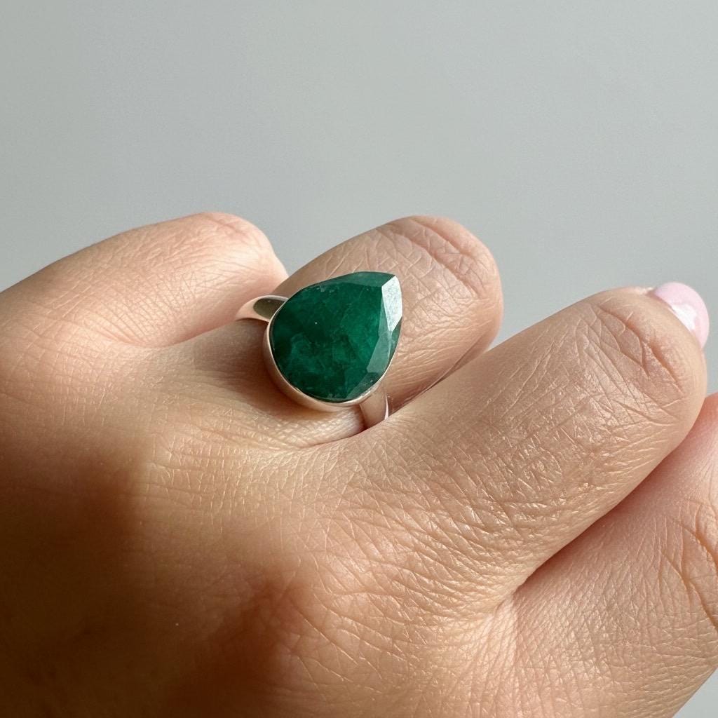 Raw Emerald Green Statement Ring, Large Faceted Teardrop Stone, Sterling Silver Bold Jewellery