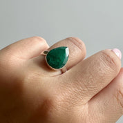 Raw Emerald Green Statement Ring, Large Faceted Teardrop Stone, Sterling Silver Bold Jewellery