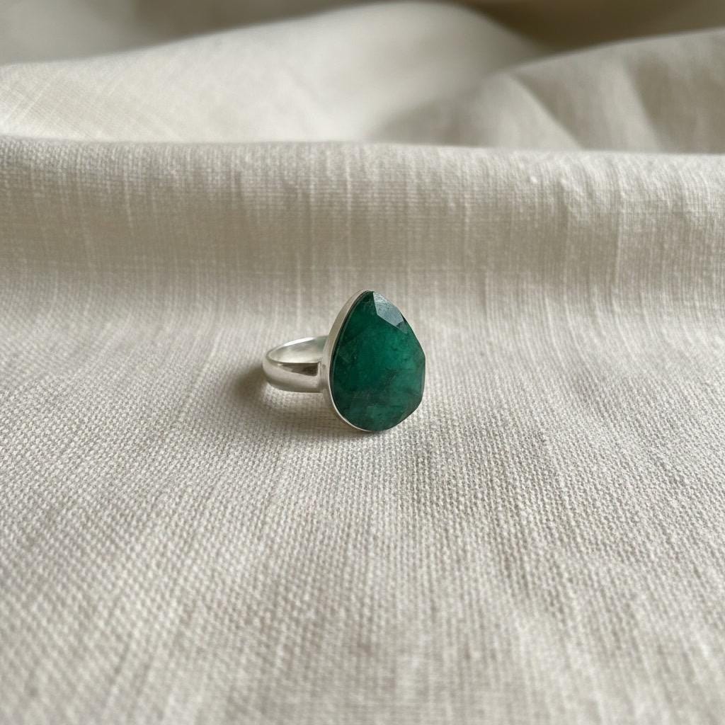 Raw Emerald Green Statement Ring, Large Faceted Teardrop Stone, Sterling Silver Bold Jewellery
