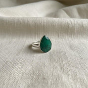 Raw Emerald Green Statement Ring, Large Faceted Teardrop Stone, Sterling Silver Bold Jewellery