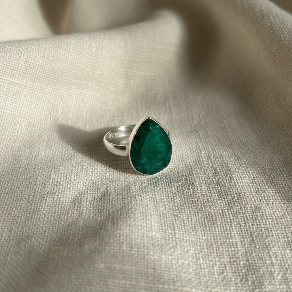 Raw Emerald Green Statement Ring, Large Faceted Teardrop Stone, Sterling Silver Bold Jewellery