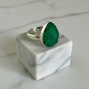 Raw Emerald Green Statement Ring, Large Faceted Teardrop Stone, Sterling Silver Bold Jewellery