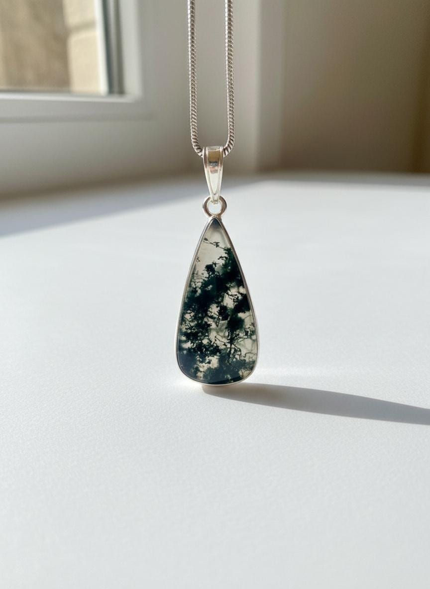 Moss Agate Teardrop Pendant 925 Sterling Silver