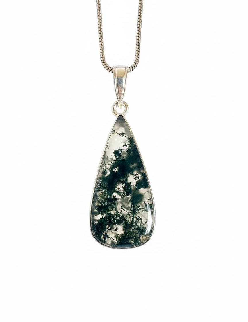 Moss Agate Teardrop Pendant 925 Sterling Silver