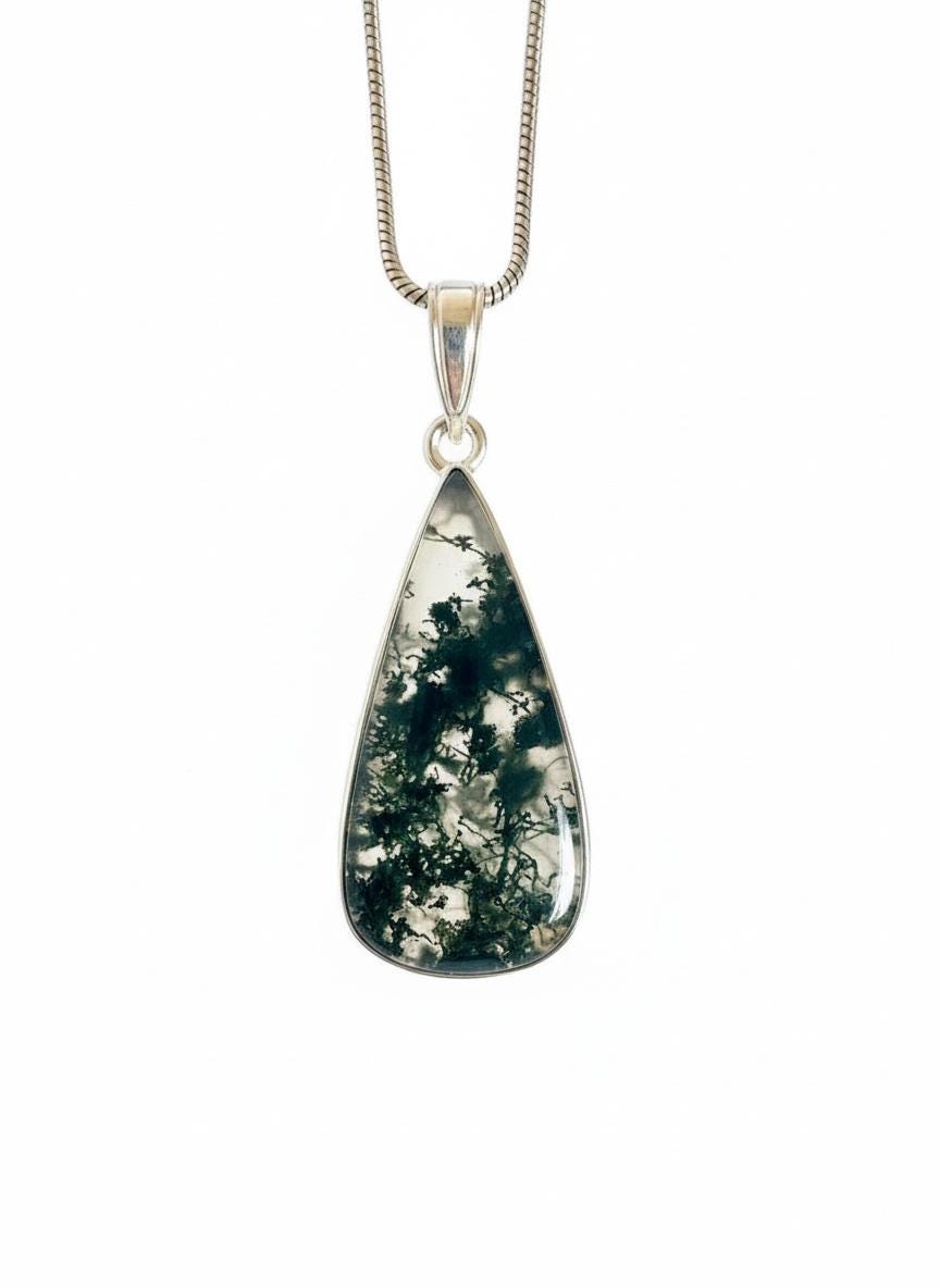 Moss Agate Teardrop Pendant 925 Sterling Silver