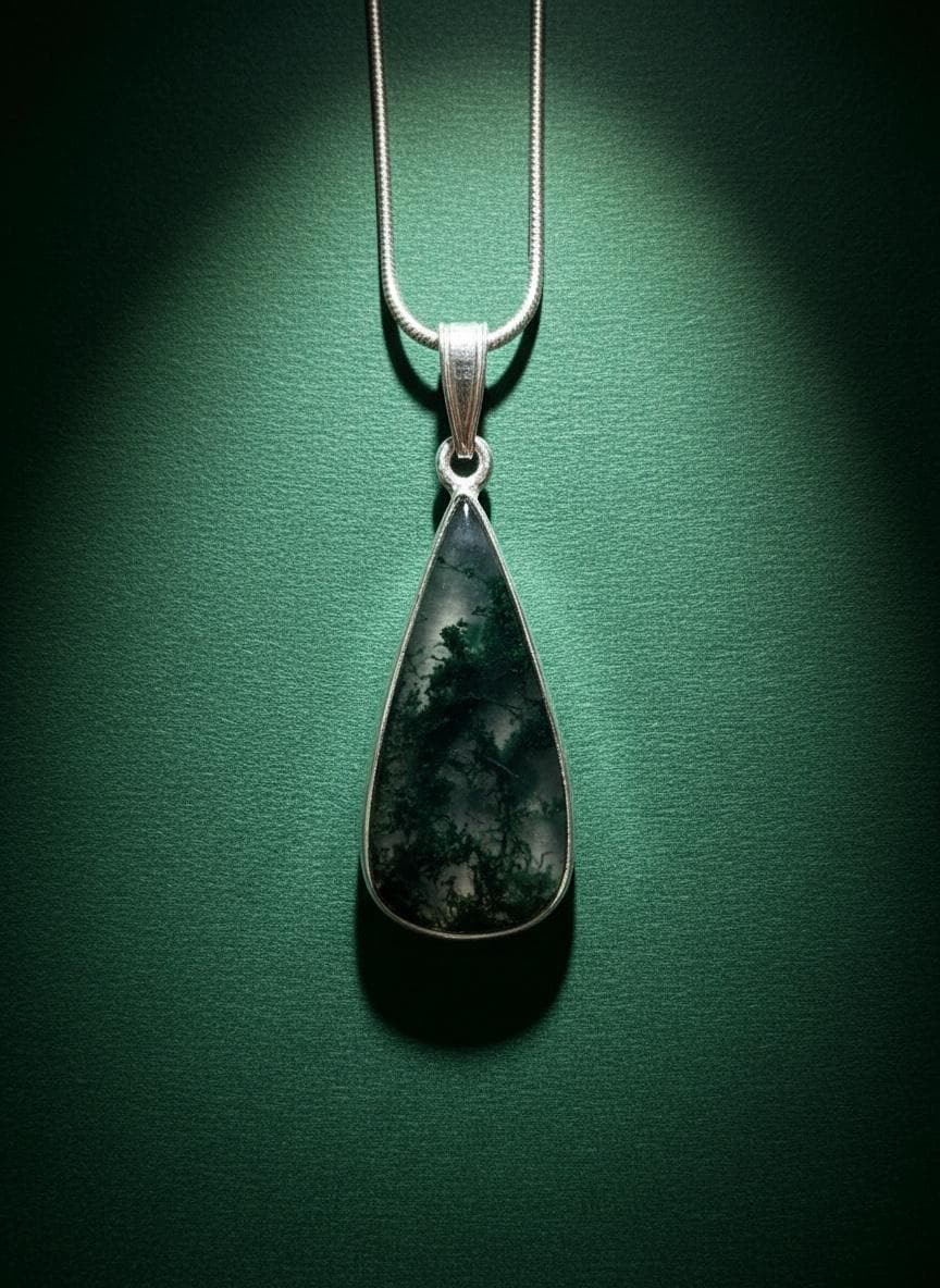 Moss Agate Teardrop Pendant 925 Sterling Silver