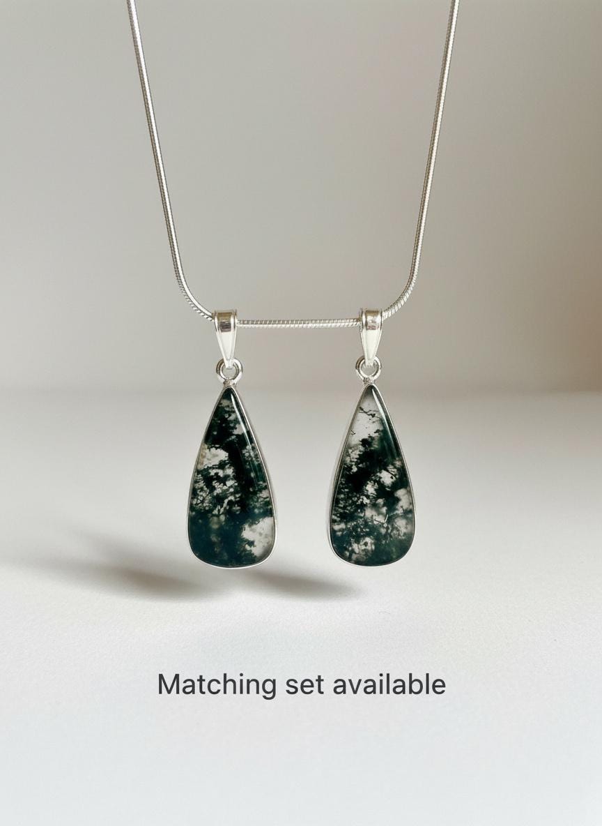 Moss Agate Teardrop Pendant 925 Sterling Silver