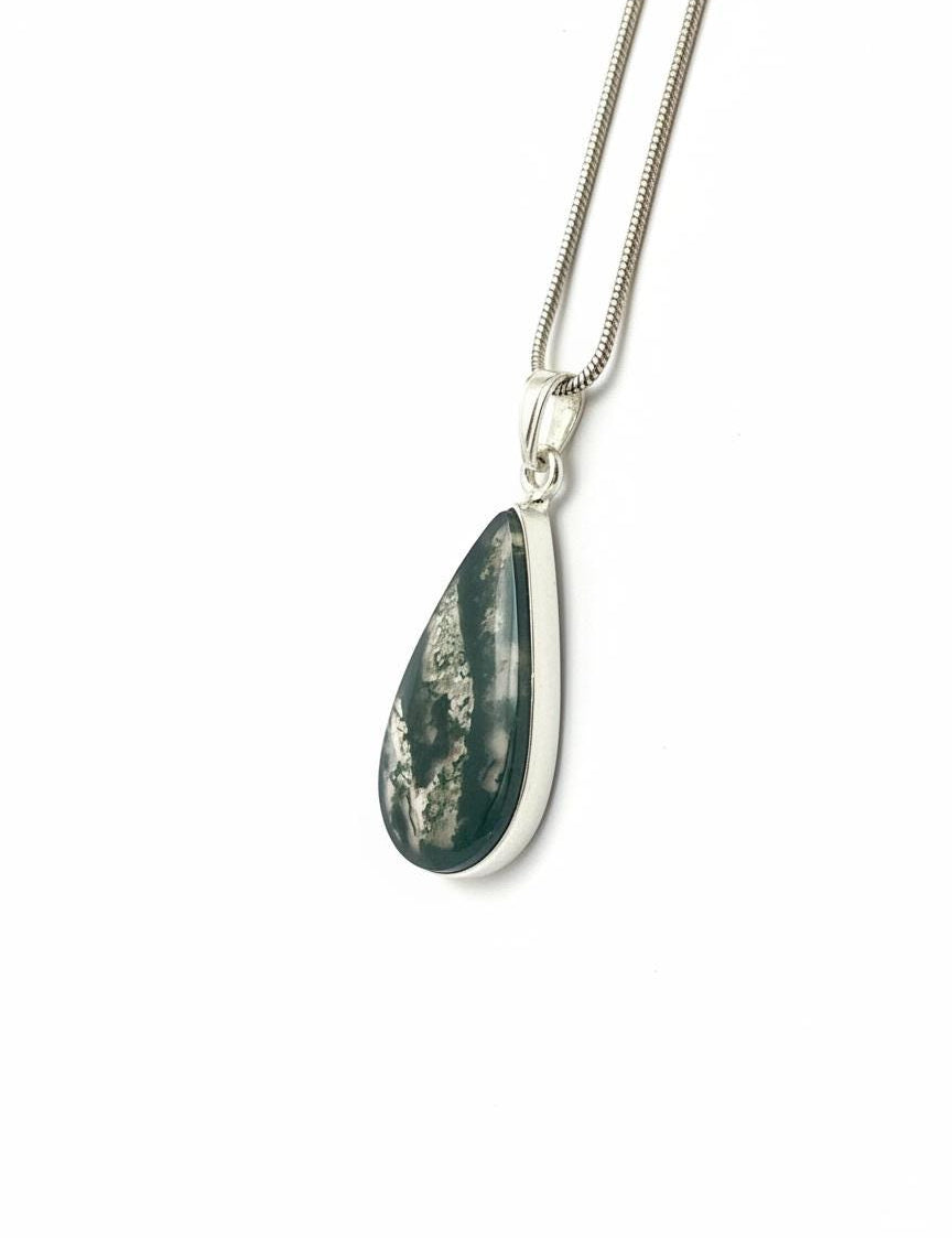 Moss Agate Teardrop Pendant 925 Sterling Silver Handmade UK