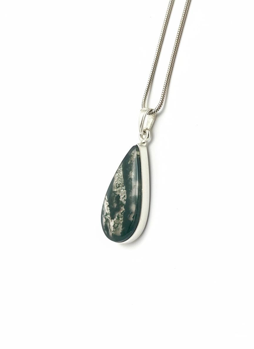 Moss Agate Teardrop Pendant 925 Sterling Silver Handmade UK