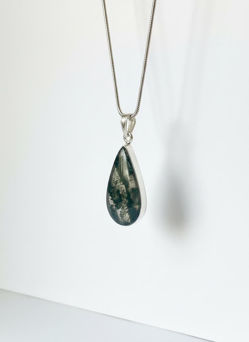 Moss Agate Teardrop Pendant 925 Sterling Silver Handmade UK