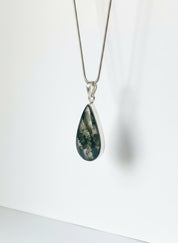 Moss Agate Teardrop Pendant 925 Sterling Silver Handmade UK