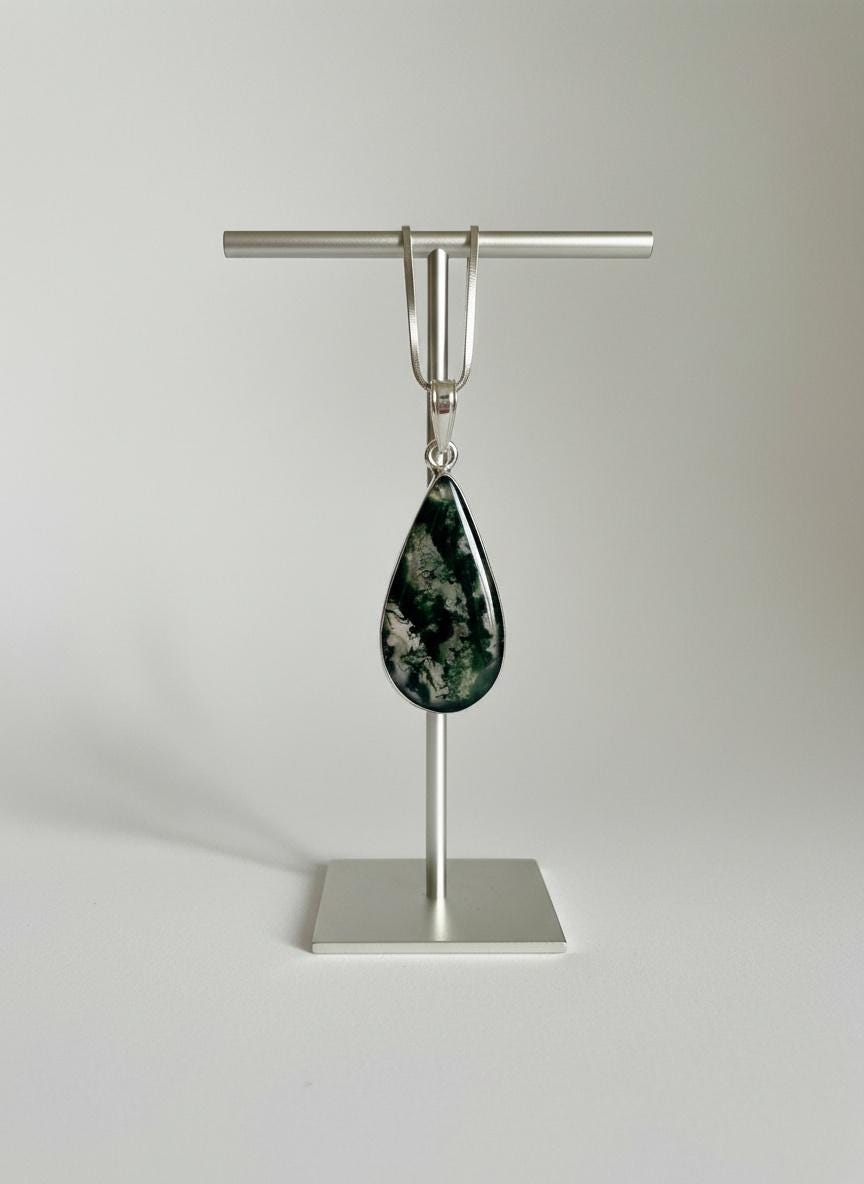 Moss Agate Teardrop Pendant 925 Sterling Silver Handmade UK